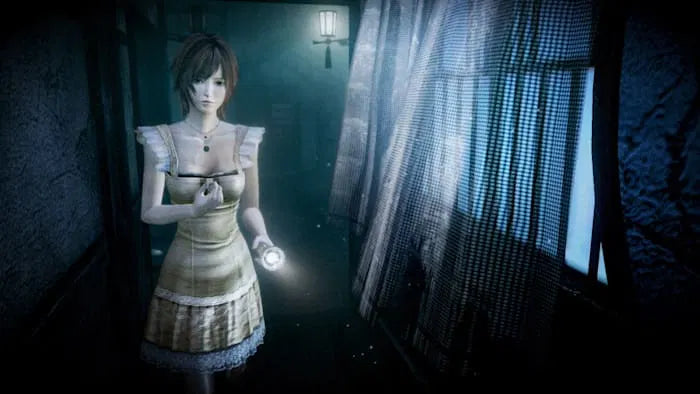 Character in a dark room holding a flashlight, possibly from a horror or thriller game.