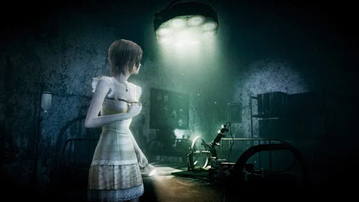 Character in a white dress standing in a dimly lit room with a spotlight.