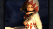 Character in a hooded outfit with red and white patterns against a dark background