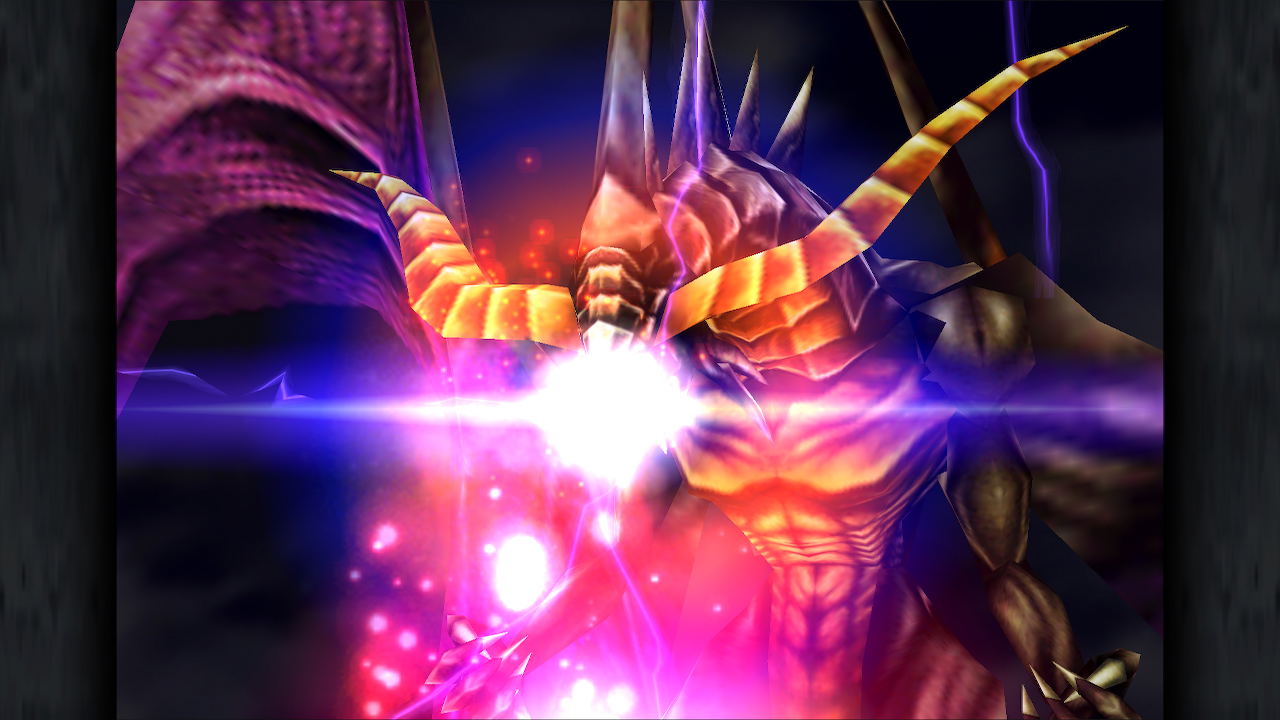 Stylized depiction of a creature with glowing eyes and energy beams on a dark background