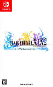Cover of 'Final Fantasy X & X-2 HD Remaster' for Nintendo Switch with colorful characters and Square Enix logo.