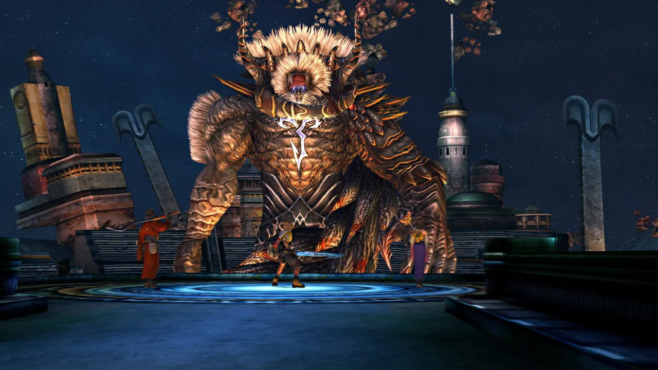 Large armored creature in a fantasy setting with towers and statues in the background