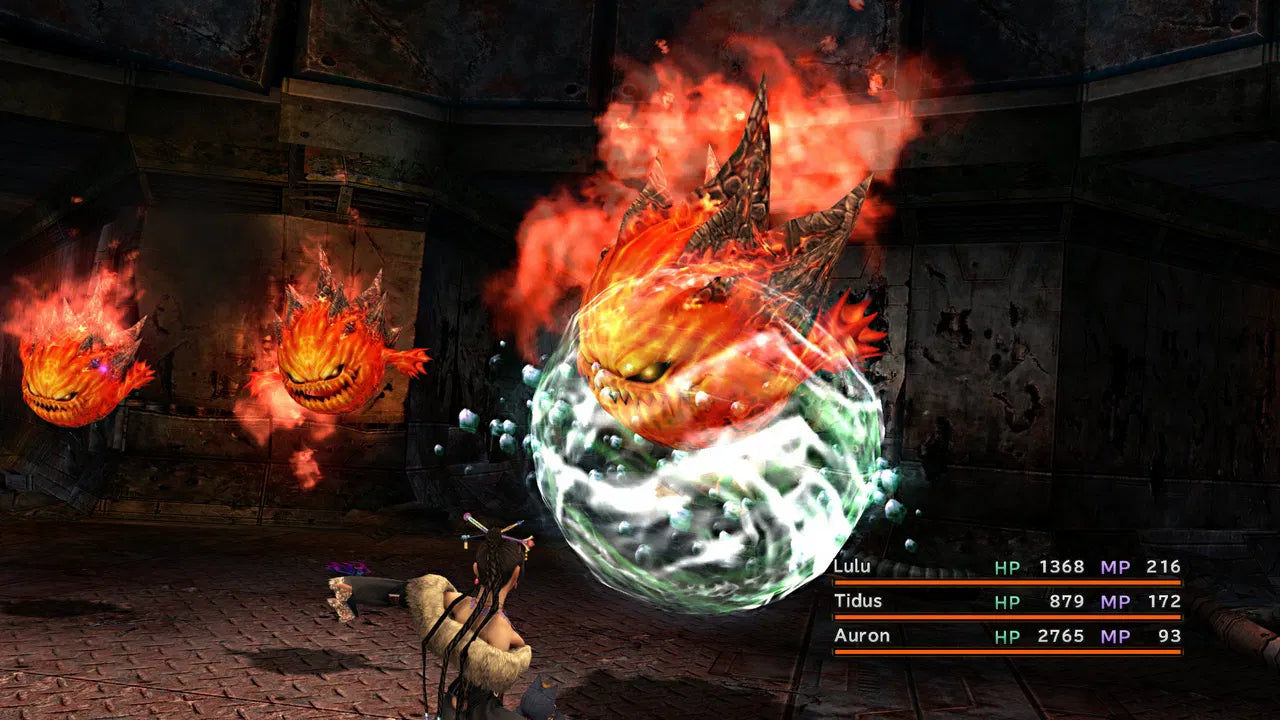 Game scene with a fiery creature in a glowing sphere, surrounded by characters and game interface elements.