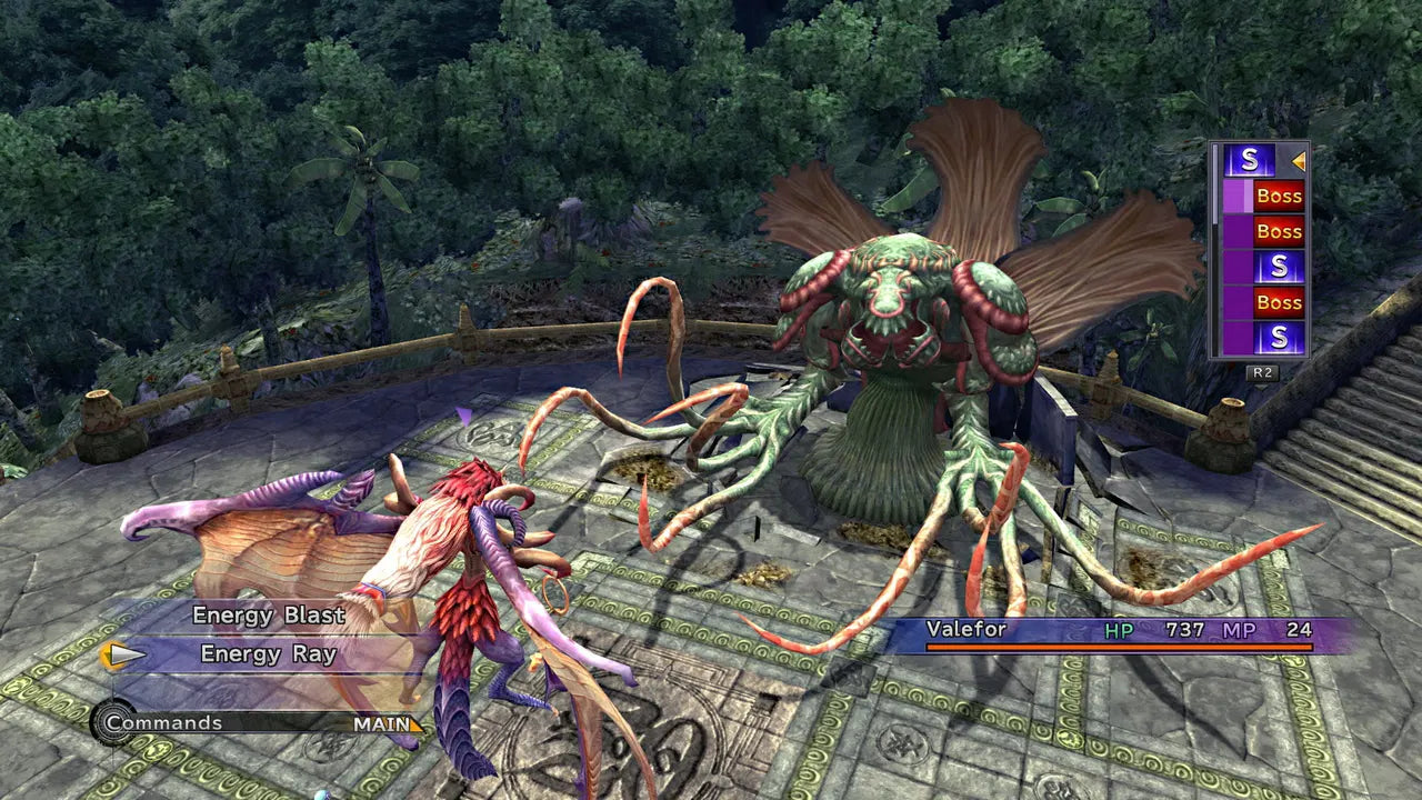 Video game scene with a character attacking a large creature in a forest setting