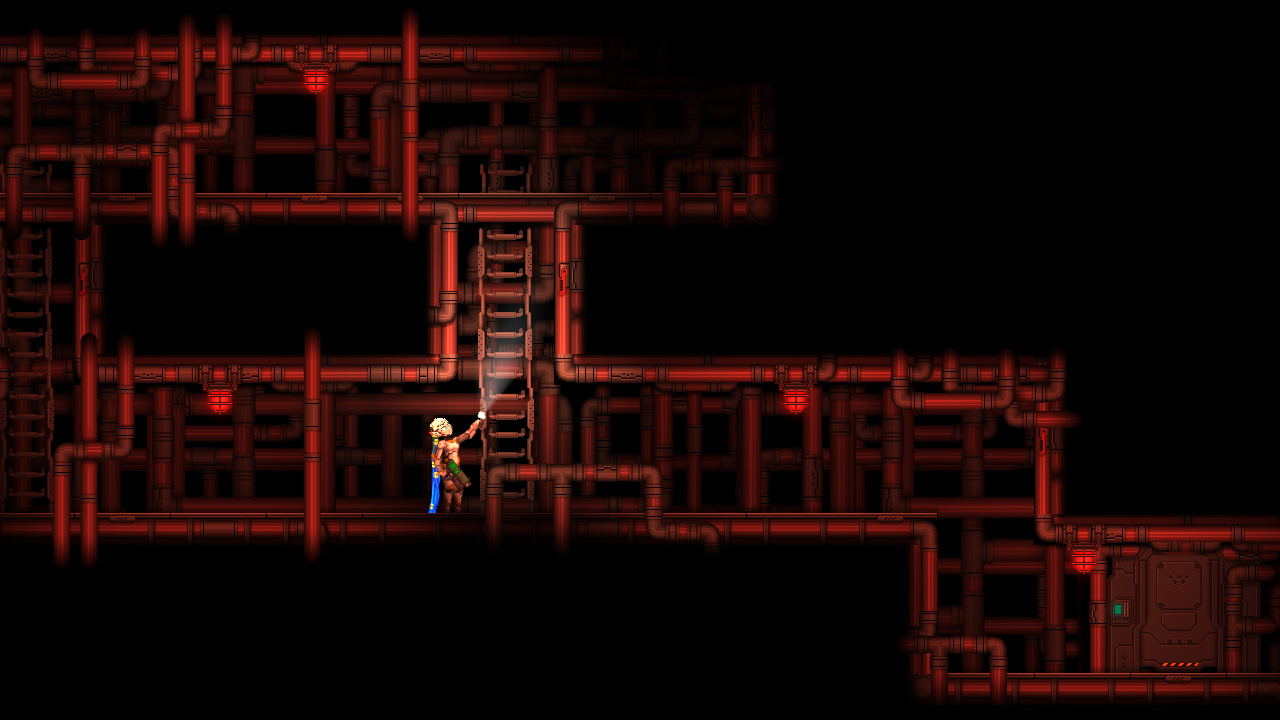 Pixel art game scene with a character climbing a ladder in a dark, red-lit tunnel.