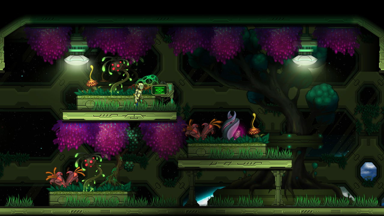 Pixel art scene with characters and environment in a dark, sci-fi setting