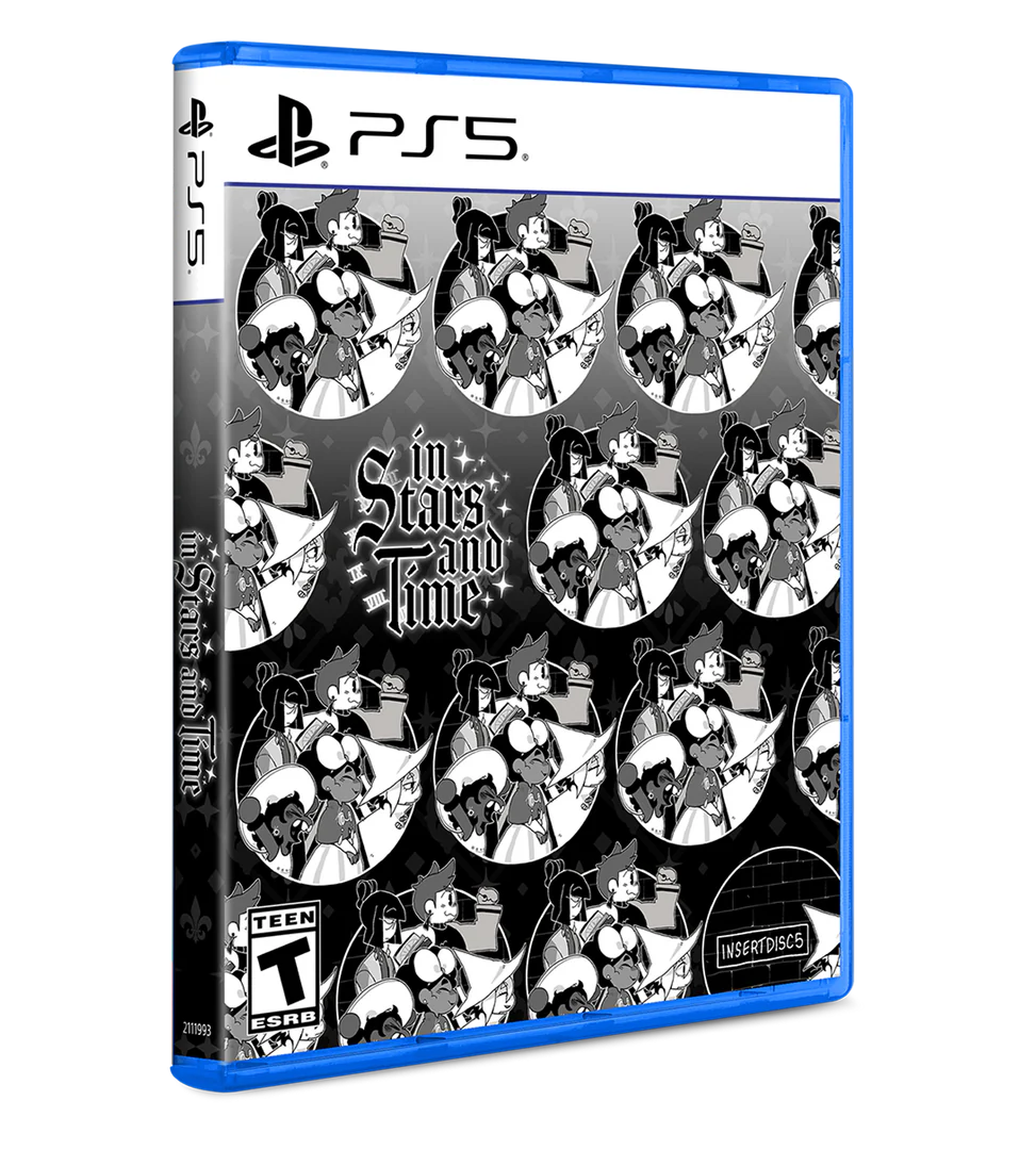 PlayStation 5 game case for 'In Stars and Time' with black and white character illustrations.