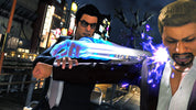 Two men in a cityscape with one holding a glowing blue weapon.
