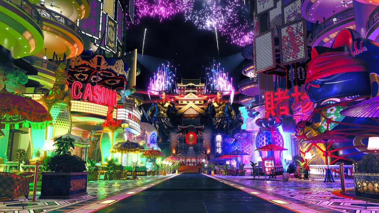Colorful and vibrant casino-themed street with neon lights and futuristic architecture.