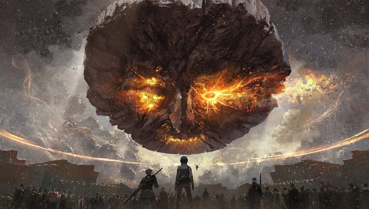 Large fiery skull-like object hovering over a group of people in a dark, apocalyptic setting.
