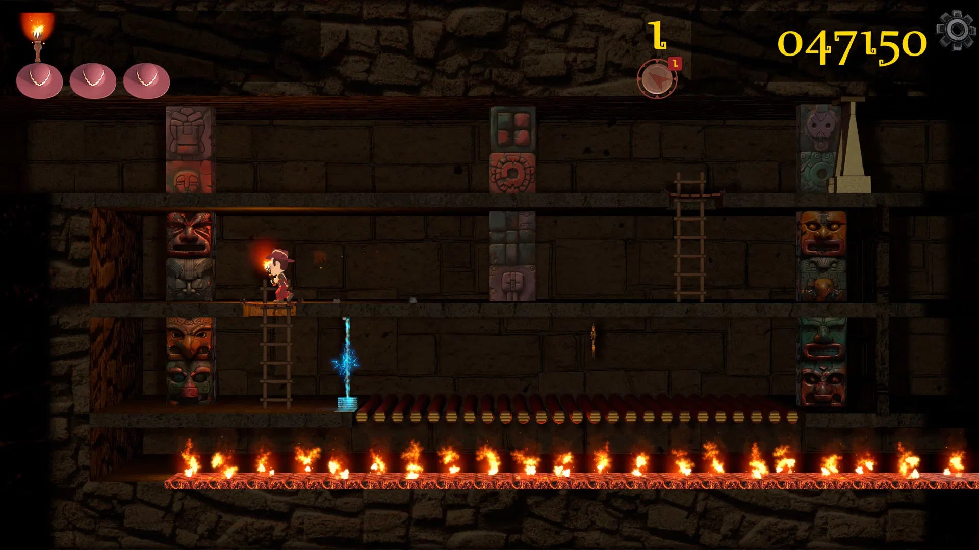 Game screen with a character in a dungeon-like environment with platforms and lava.