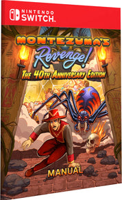 Montezuma's Revenge! The 40th Anniversary Edition manual for Nintendo Switch with a spider and explorer illustration.