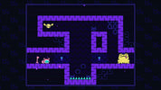 Pixel art maze game scene with purple walls, a yellow frog character, a small pink creature, and blue glowing elements on a dark patterned background.
