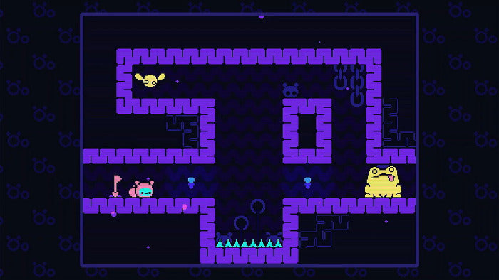 Pixel art maze game scene with purple walls, a yellow frog character, a small pink creature, and blue glowing elements on a dark patterned background.