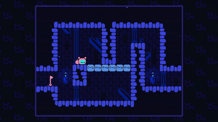 Pixel art scene showing a small pink character with a blue head standing on a platform inside a large blue pixelated structure on a dark patterned background.