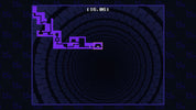A stylized video game-style scene with a purple pixelated maze or path on a dark blue circular tunnel background, plus a small score at the top and a repeating blue symbol pattern around the edges.