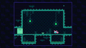 Pixel art scene showing a small pink character with a blue backpack standing in a dark teal and black platform environment with hanging green orbs and a light green square figure on the left, set against a dark patterned background.