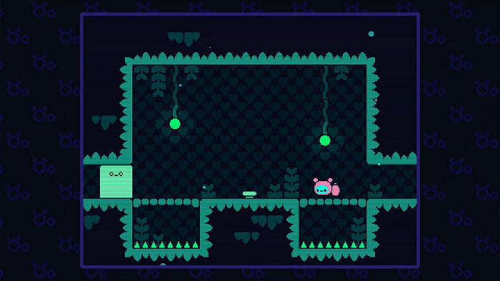 Pixel art scene showing a small pink character with a blue backpack standing in a dark teal and black platform environment with hanging green orbs and a light green square figure on the left, set against a dark patterned background.