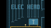 Pixel art scene with the text 'ELEC HEAD' in large blue letters above hanging chains, a small character standing on a platform, and a blue control panel with circular icons in a retro video game style.