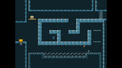 Top-down pixel art scene showing a small blue character navigating a maze with blue block walls, dark teal background, and small yellow/orange item icons.