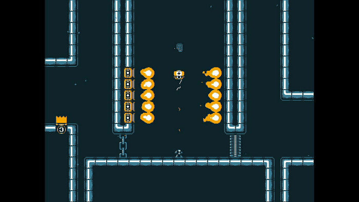 A retro 8-bit video game scene showing a small player character in a dark corridor with glowing blue pipes and several floating yellow coin-like shapes.