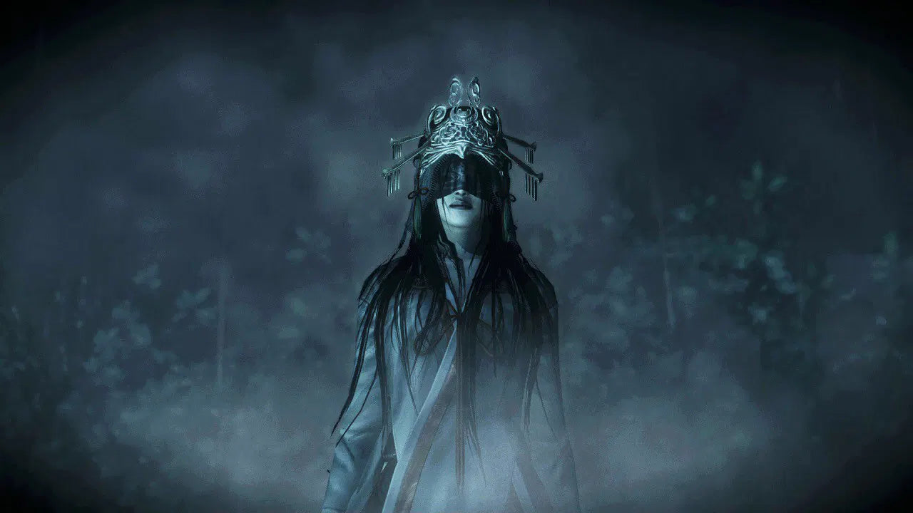 Mysterious figure with a helmet and long coat in a dark, foggy forest