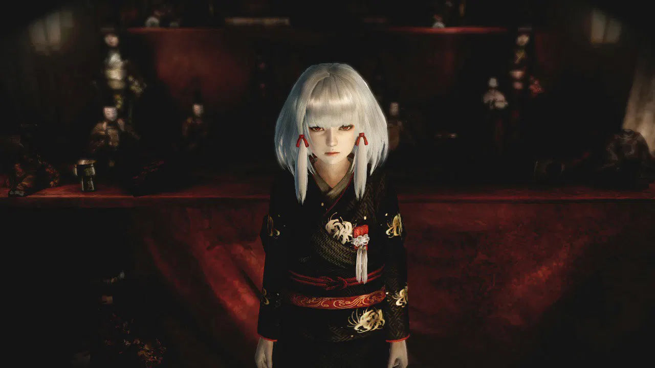 Character with white hair and traditional attire in a dimly lit room