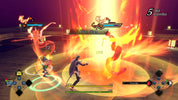 Combat scene from a video game with characters and fiery effects