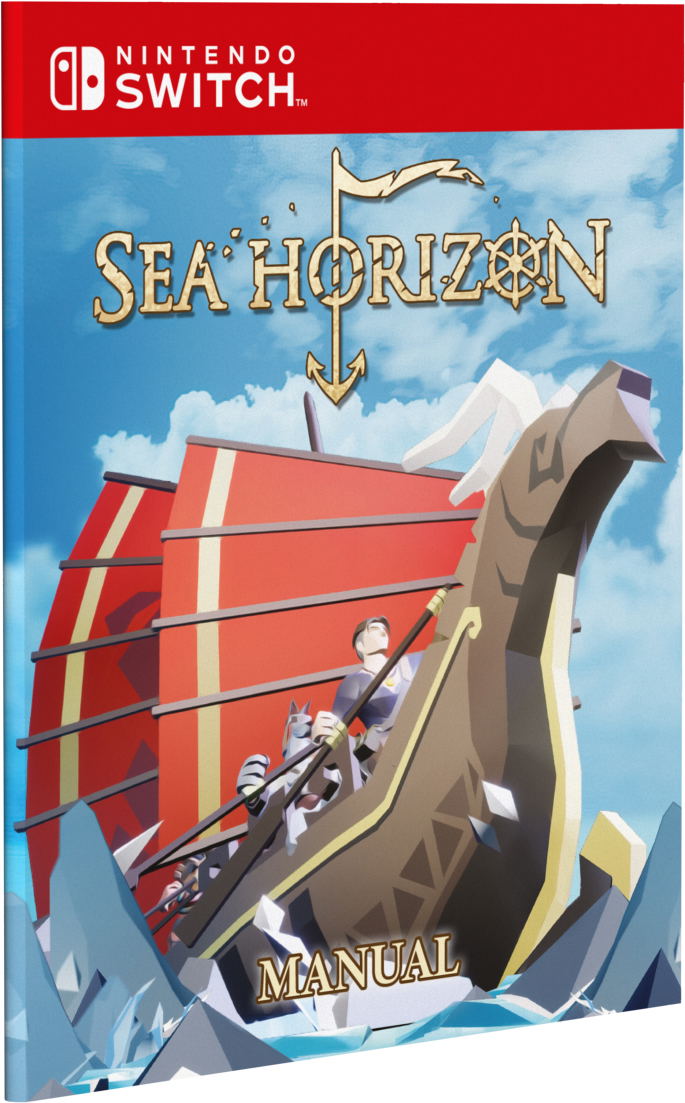 Manual cover for 'Sea Horizon' game on Nintendo Switch with ship illustration and mountain background