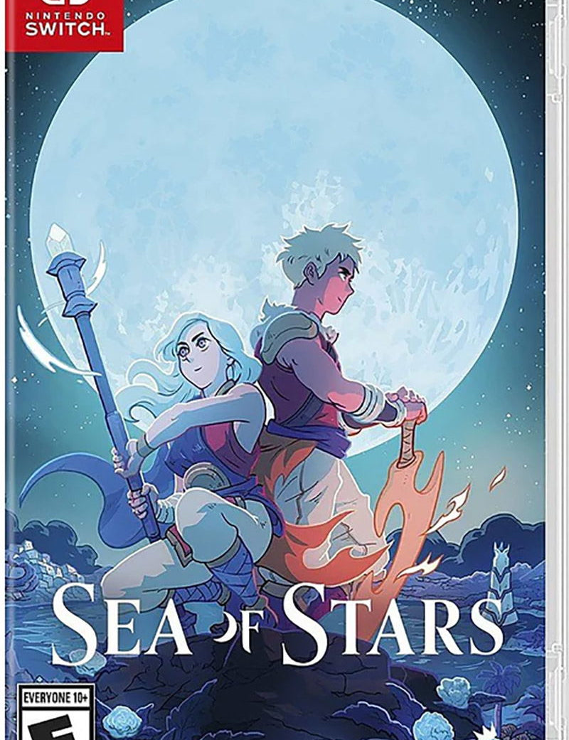 Game box for 'Sea of Stars' on Nintendo Switch with two characters riding a creature against a moonlit sky.