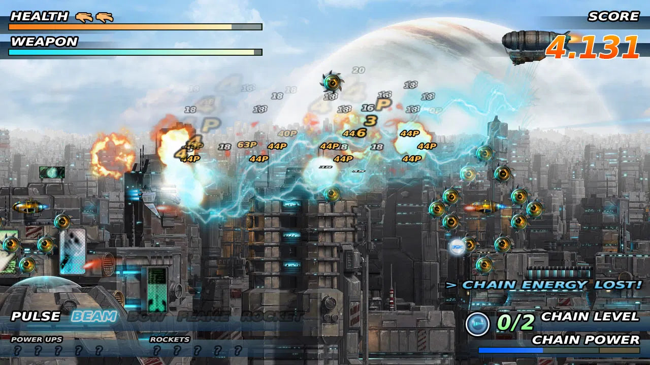 Game screen with a cityscape background, explosions, and character actions.