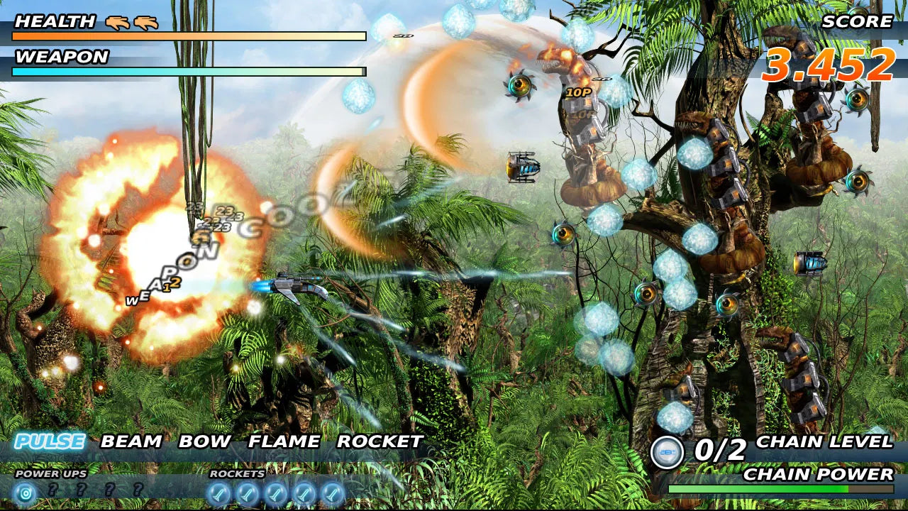 Screenshot of a video game with a jungle setting, character abilities displayed, and health and weapon status.