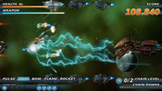 Space battle game with ships and health/weapon status on a green space background