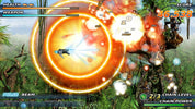 Action-packed video game scene with a character using a pulse beam in a jungle setting.