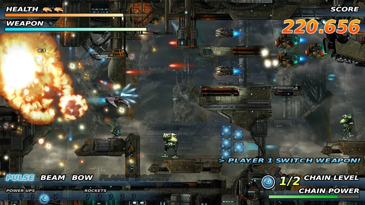 Screenshot of a video game with explosions and character actions on a dark, industrial background.