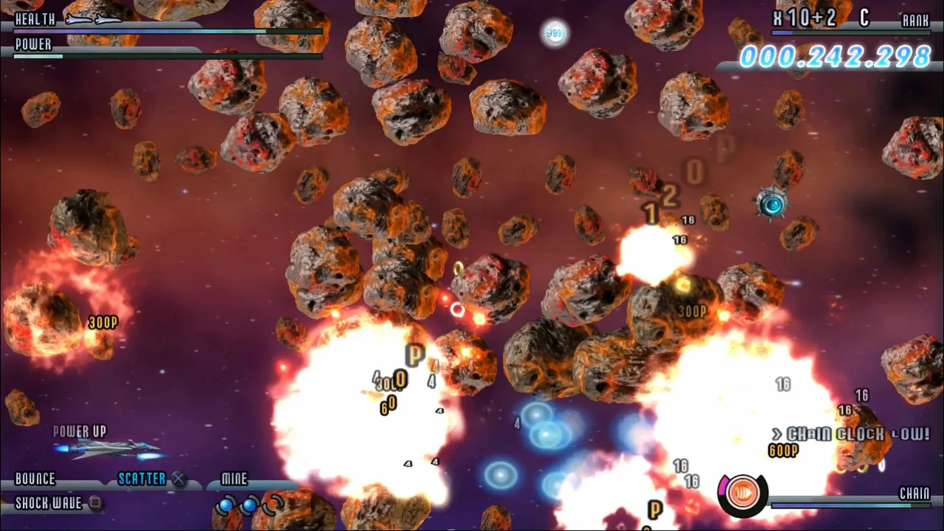 Space battle scene with asteroids and explosions in a video game interface.