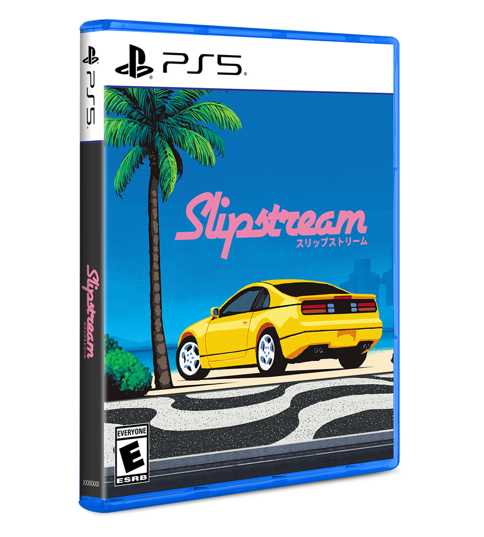 PS5 game case for 'Slipstream' with a yellow car and palm tree on a blue background