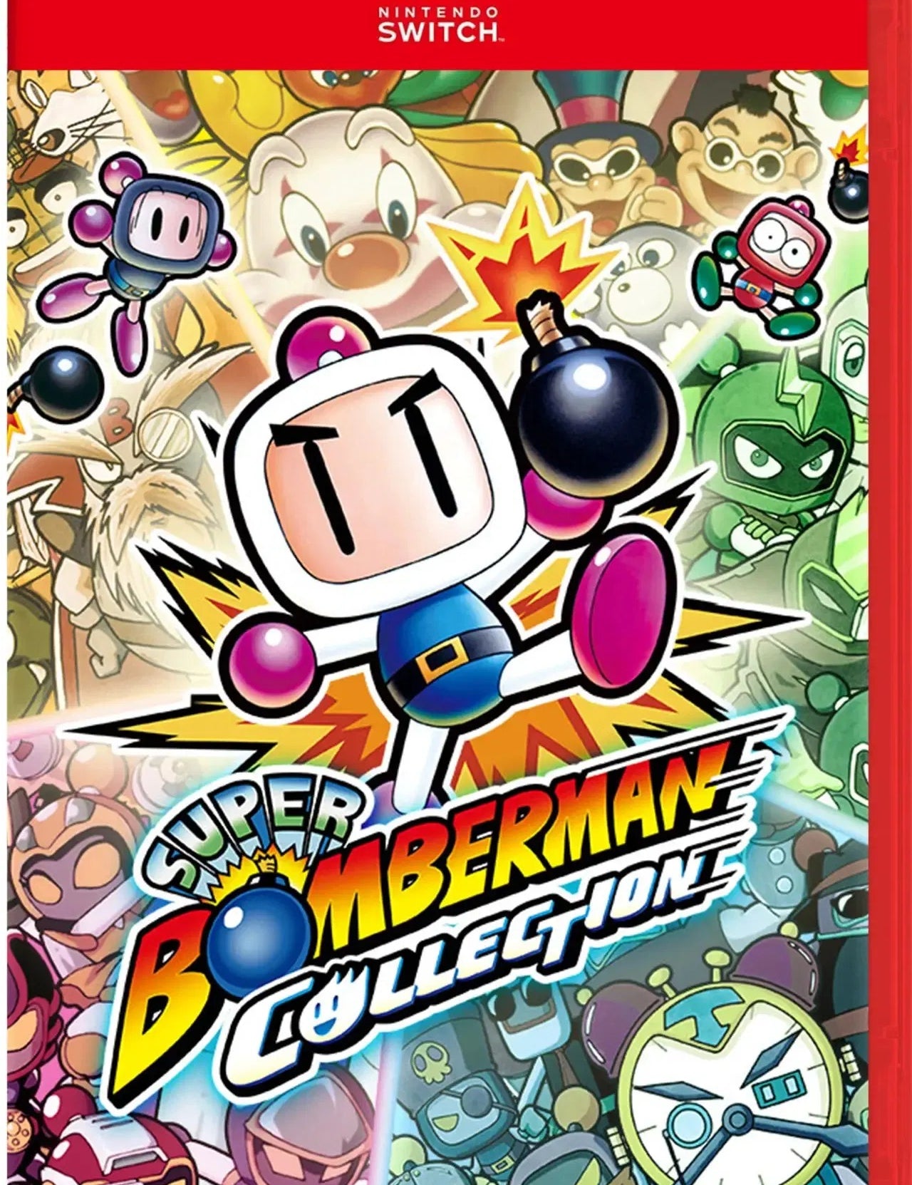 Super Bomberman Collection packaging for Nintendo Switch with colorful characters and a red border.