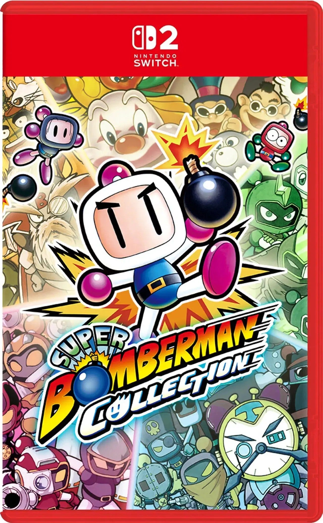 Super Bomberman Collection packaging for Nintendo Switch with colorful characters and a red border.