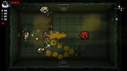 Pixel art screenshot from a top-down dungeon crawler game, showing a small character standing in a dark stone room with yellow spattered effects, a red monster, and UI elements along the left and right edges.