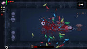Pixel art game scene showing a dark underwater or shadowy chamber with a small pink character fighting a red splatter effect, surrounded by colorful floating objects. The scene includes UI elements such as health hearts, counters, and a health bar at the bottom.
