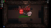 Pixel art scene from a video game showing a red blob-like character tied to a white skull-like creature in a dark stone chamber, with multiple red enemies above and game UI elements along the edges.