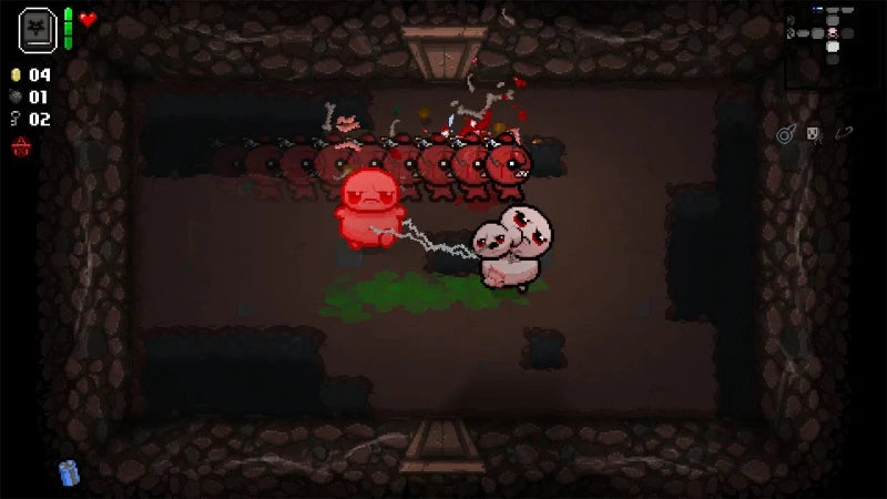 Pixel art scene from a video game showing a red blob-like character tied to a white skull-like creature in a dark stone chamber, with multiple red enemies above and game UI elements along the edges.