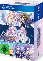 PlayStation 4 game box for 'Hyperdimension Neptunia' Triple Pack with character illustrations on a blue and white background.