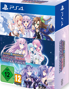 PlayStation 4 game box for 'Hyperdimension Neptunia' Triple Pack with character illustrations on a blue and white background.