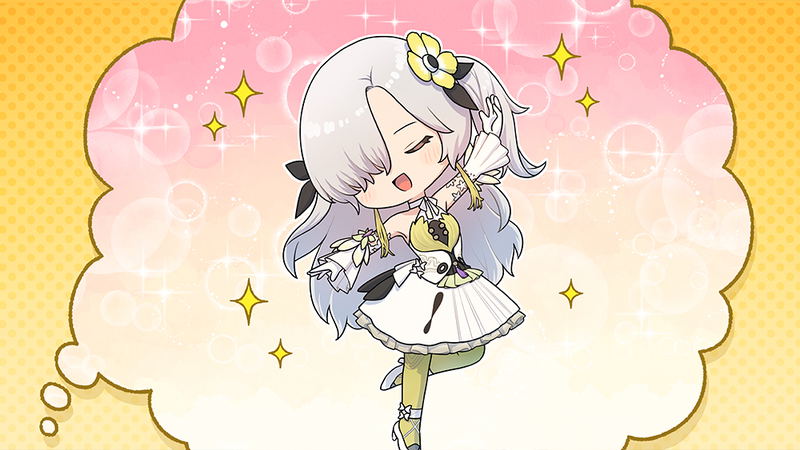 Cartoon character with white hair and a yellow flower on a pink and yellow background