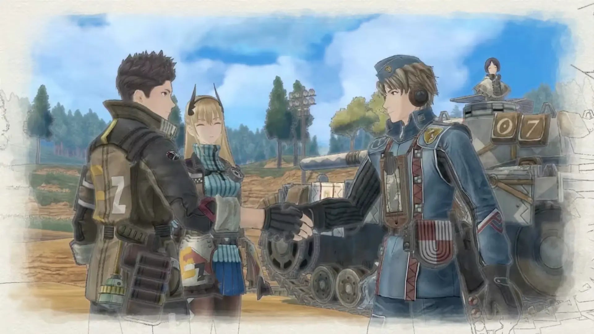 Three animated characters in military-style outfits standing near a tank in a forested area.