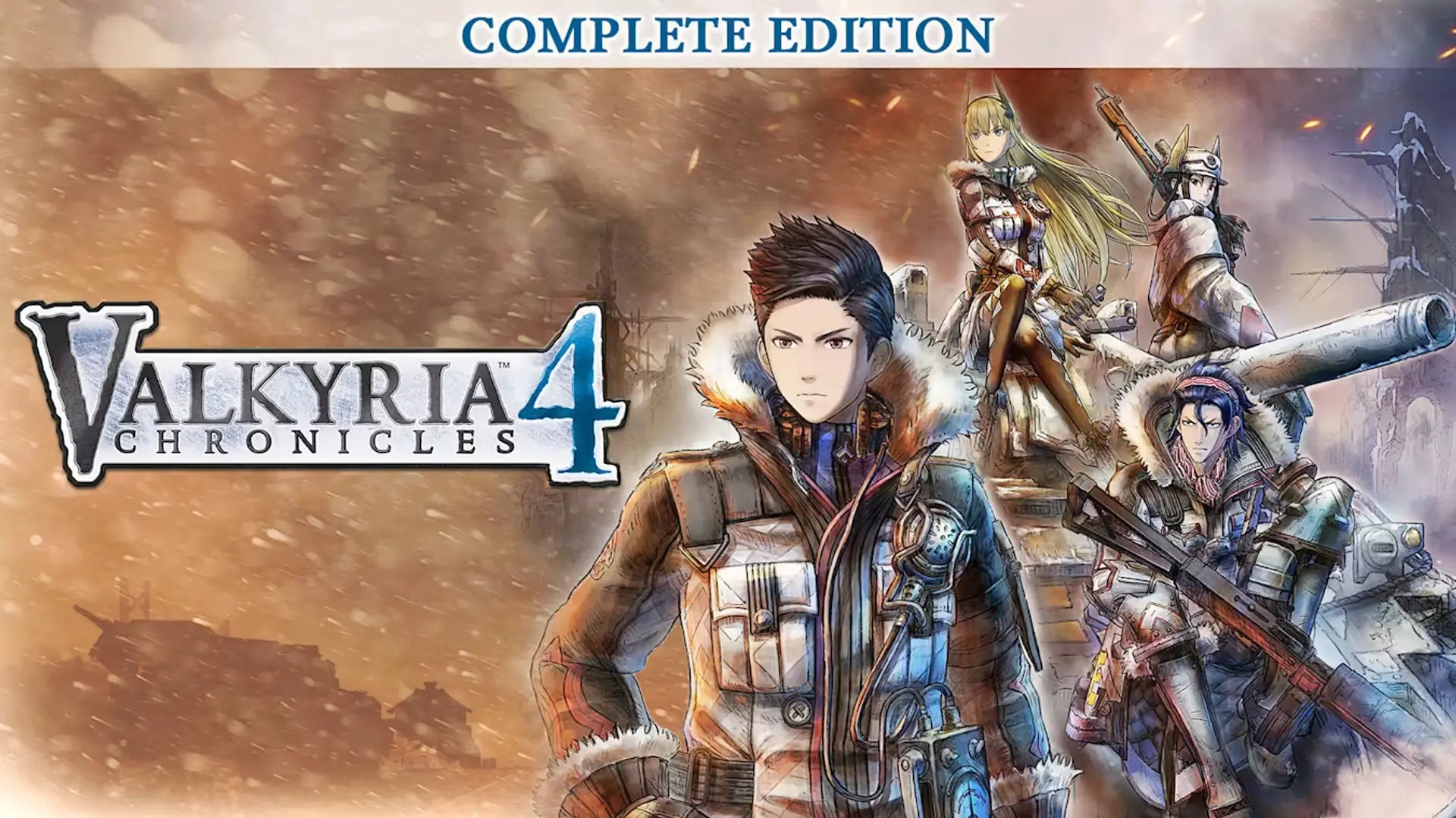 Promotional image for 'Valkyria Chronicles 4 Complete Edition' featuring characters in a snowy landscape.
