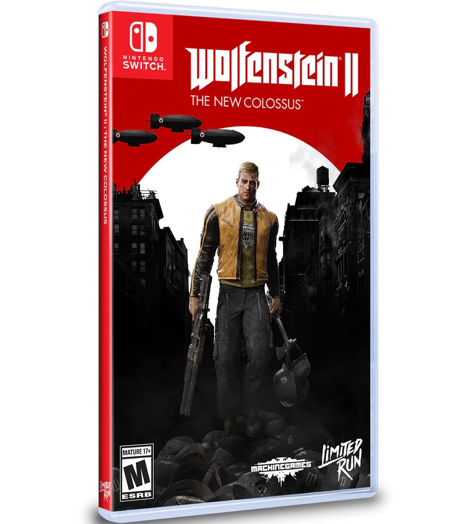 Game case for 'Wolfenstein II: The New Colossus' on Nintendo Switch with a character holding weapons and a red banner at the top.