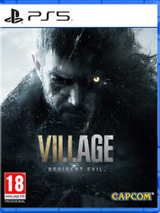 PlayStation 5 cover for the game Resident Evil Village, featuring a dark and mysterious village scene with a character in the foreground.
